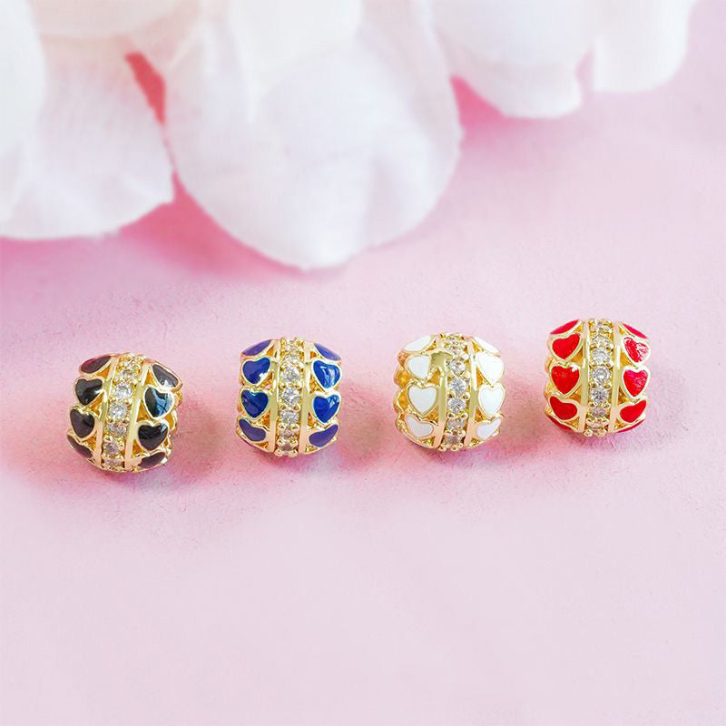 10PCS 18K Gold Filled Spacer Beads Heart Ball Rhinestone Red Blue Black White Hollow Large Hole For Jewelry Making DIY Beads Doki Decor   