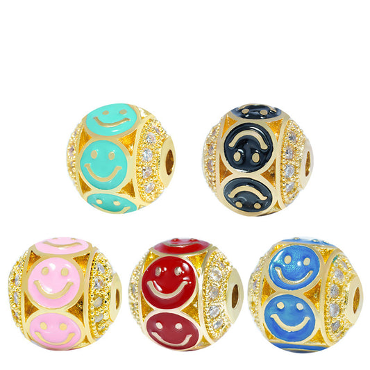10PCS 18K Gold Filled Spacer Beads Smile Face Ball Rhinestone Red Blue Black Pink Green Large Hole For Jewelry Making DIY Beads Doki Decor   