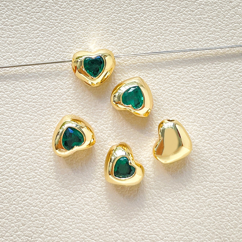 5PCS 18K Gold Filled Spacer Beads Heart Rhinestone With Hole For Jewelry Making Finding Kits Beads Doki Decor Green  