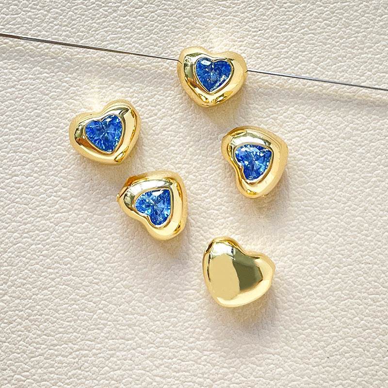 5PCS 18K Gold Filled Spacer Beads Heart Rhinestone With Hole For Jewelry Making Finding Kits Beads Doki Decor Blue  