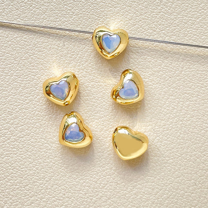 5PCS 18K Gold Filled Spacer Beads Heart Rhinestone With Hole For Jewelry Making Finding Kits Beads Doki Decor White  