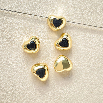 5PCS 18K Gold Filled Spacer Beads Heart Rhinestone With Hole For Jewelry Making Finding Kits Beads Doki Decor Black  