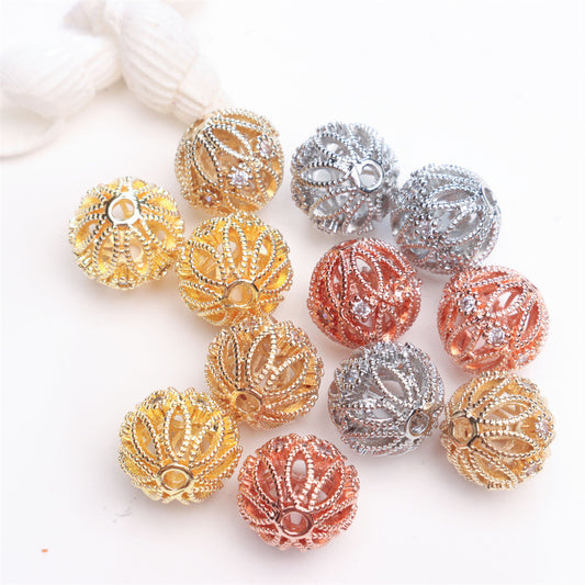 10PCS 18K Gold Filled Spacer Beads Hollow Ball Rhinestone White Gold Rose Gold Large Hole For Jewelry Making Finding Kits Beads Doki Decor   