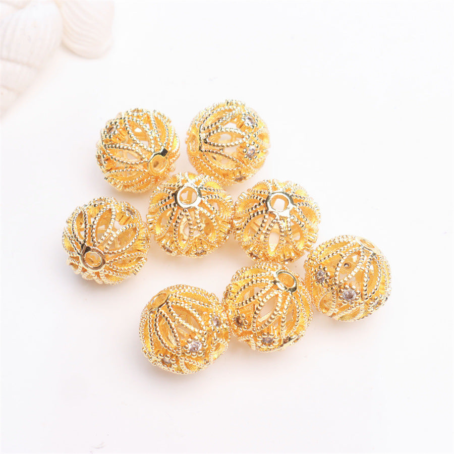 10PCS 18K Gold Filled Spacer Beads Hollow Ball Rhinestone White Gold Rose Gold Large Hole For Jewelry Making Finding Kits Beads Doki Decor 18K Gold  