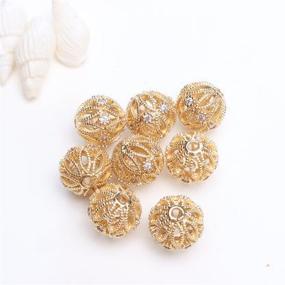 10PCS 18K Gold Filled Spacer Beads Hollow Ball Rhinestone White Gold Rose Gold Large Hole For Jewelry Making Finding Kits Beads Doki Decor 14K Gold  