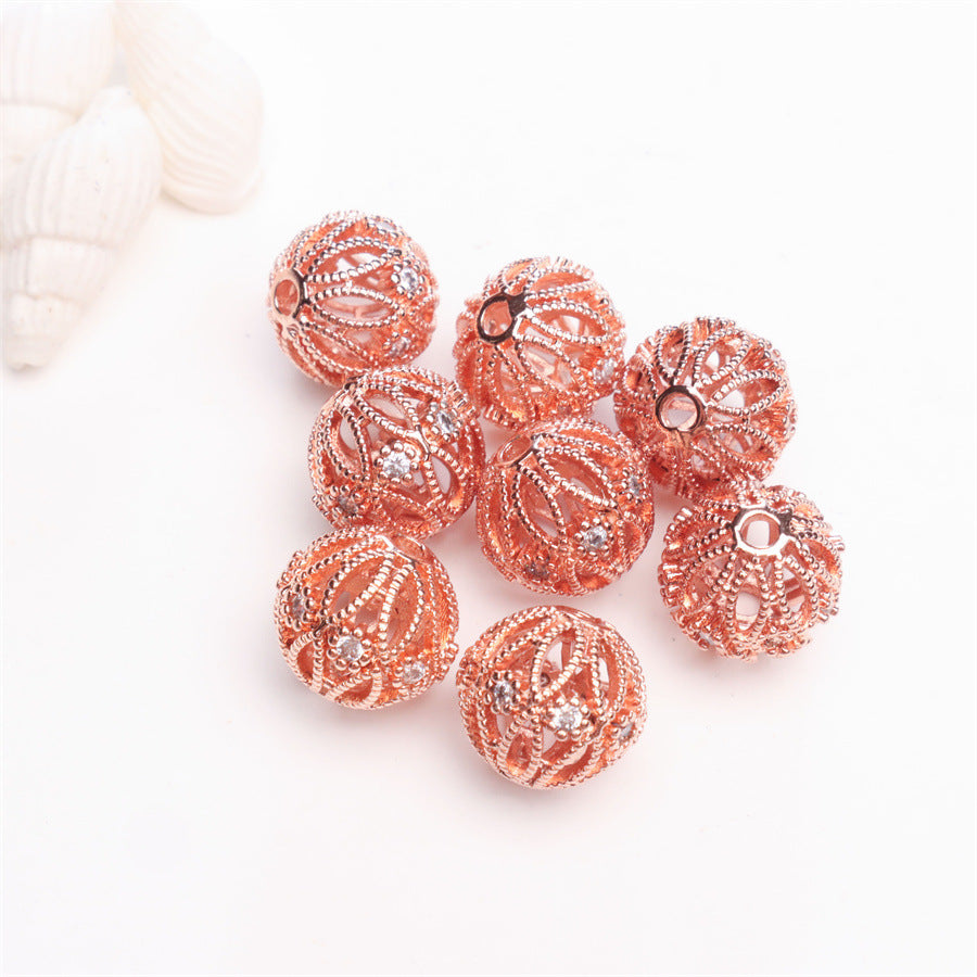 10PCS 18K Gold Filled Spacer Beads Hollow Ball Rhinestone White Gold Rose Gold Large Hole For Jewelry Making Finding Kits Beads Doki Decor Rose Gold  