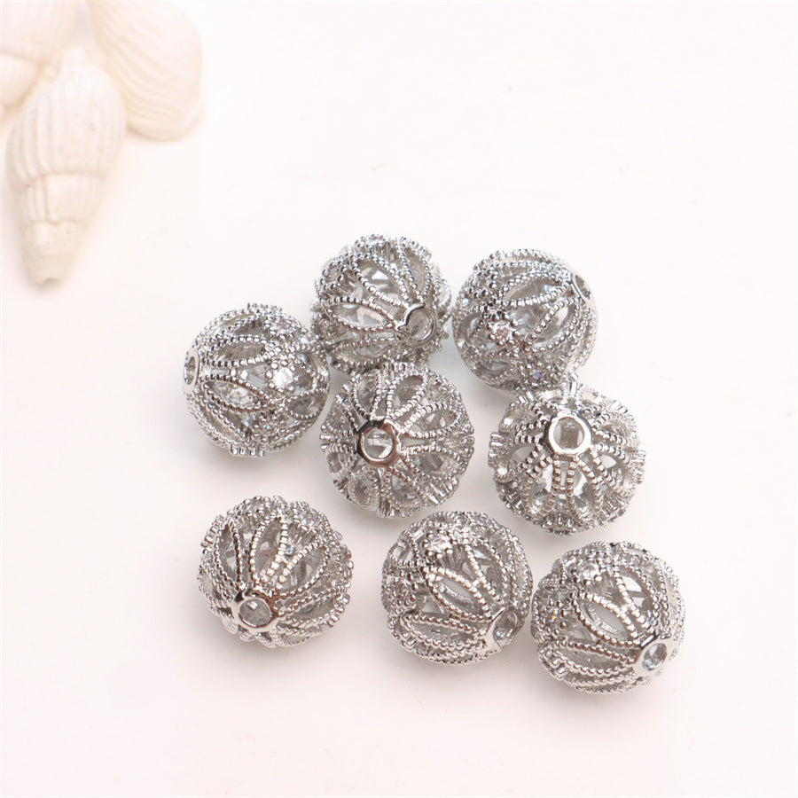10PCS 18K Gold Filled Spacer Beads Hollow Ball Rhinestone White Gold Rose Gold Large Hole For Jewelry Making Finding Kits Beads Doki Decor White Gold  