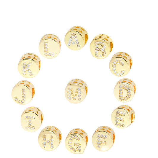 10PCS 18K Gold Filled Spacer Beads Letters Initial Final Round Rhinestone Large Hole For Jewelry Making DIY Beads Doki Decor A  