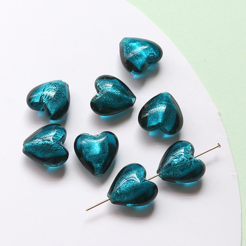10PCS Natural Glaze Spacer Beads Heart Glass Transparent Large Hole For Jewelry Making Finding Kits Beads Doki Decor Peacock Blue  